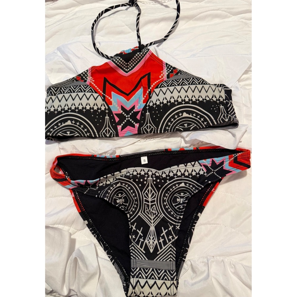 Geometric Tribal Print High Neck Halter Bikini Set Black Red Blue Small